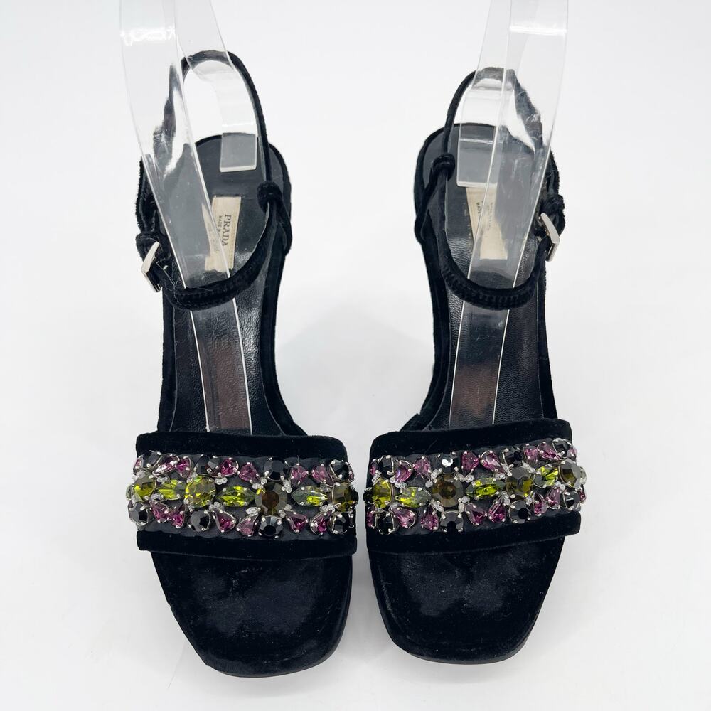 Prada Fall 2004 Runway Black Velvet Crystal Embellished Wedge Sandals IT 37 - Picture 6 of 11